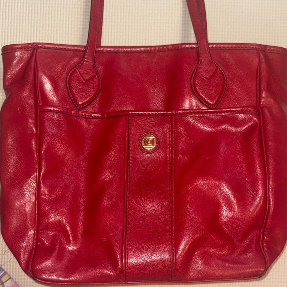 Vintage Liz Claiborne Red Leather Tote with Gold-Tone Logo